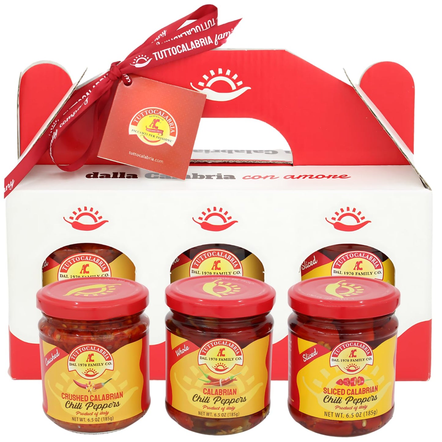TuttoCalabria Gift Set, Variety 3 Pack, Crushed, Sliced, Calabrian Chili Pepper Gift Set (3 Pack X 6.5oz) Non GMO, Product of Ca