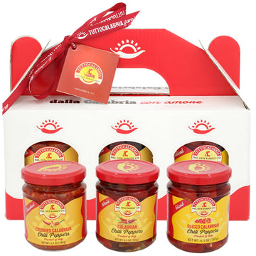 TuttoCalabria Gift Set, Variety 3 Pack, Crushed, Sliced, Calabrian Chili Pepper Gift Set (3 Pack X 6.5oz) Non GMO, Product of Ca