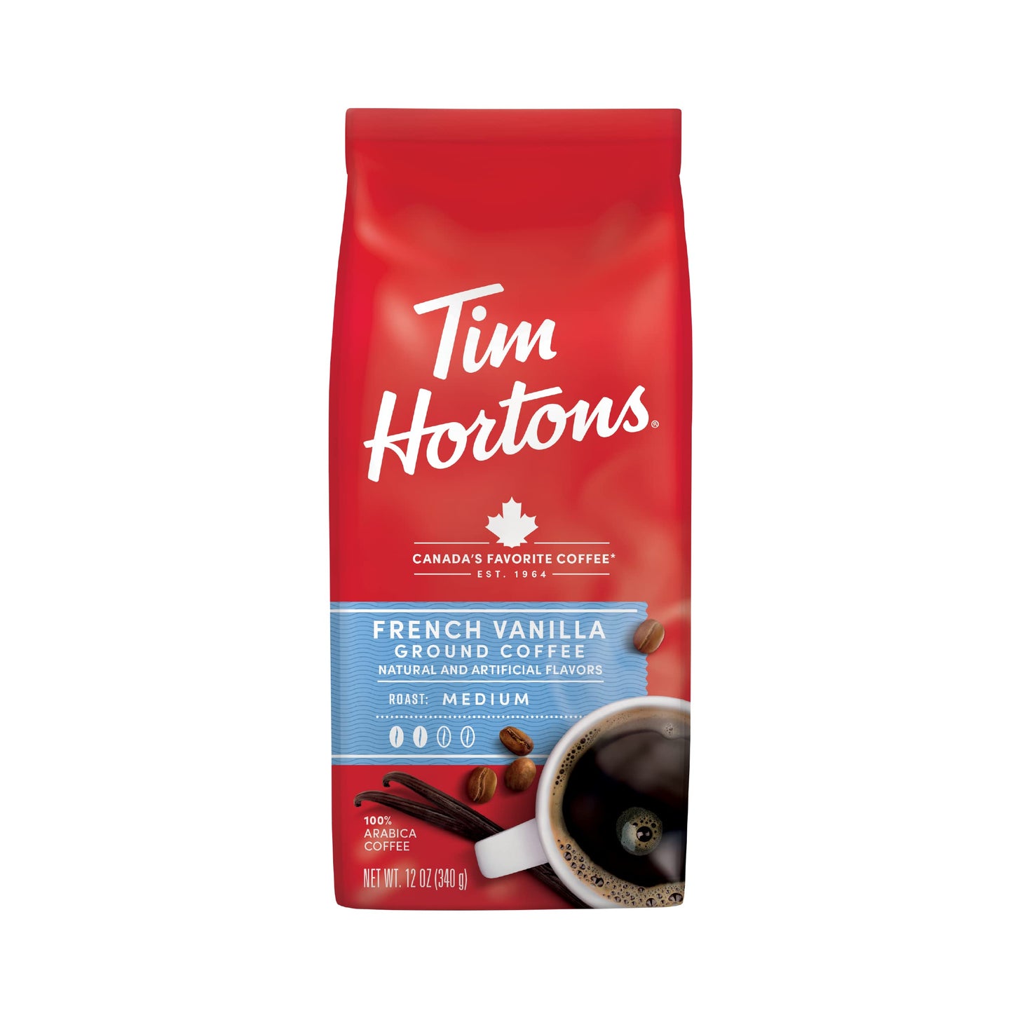 Tim Hortons French Vanilla  Flavored Roast Ground Coffee  Perfectly Balanced  Always Smooth  Made with 100% Arabica Beans  12 Ounce Bag