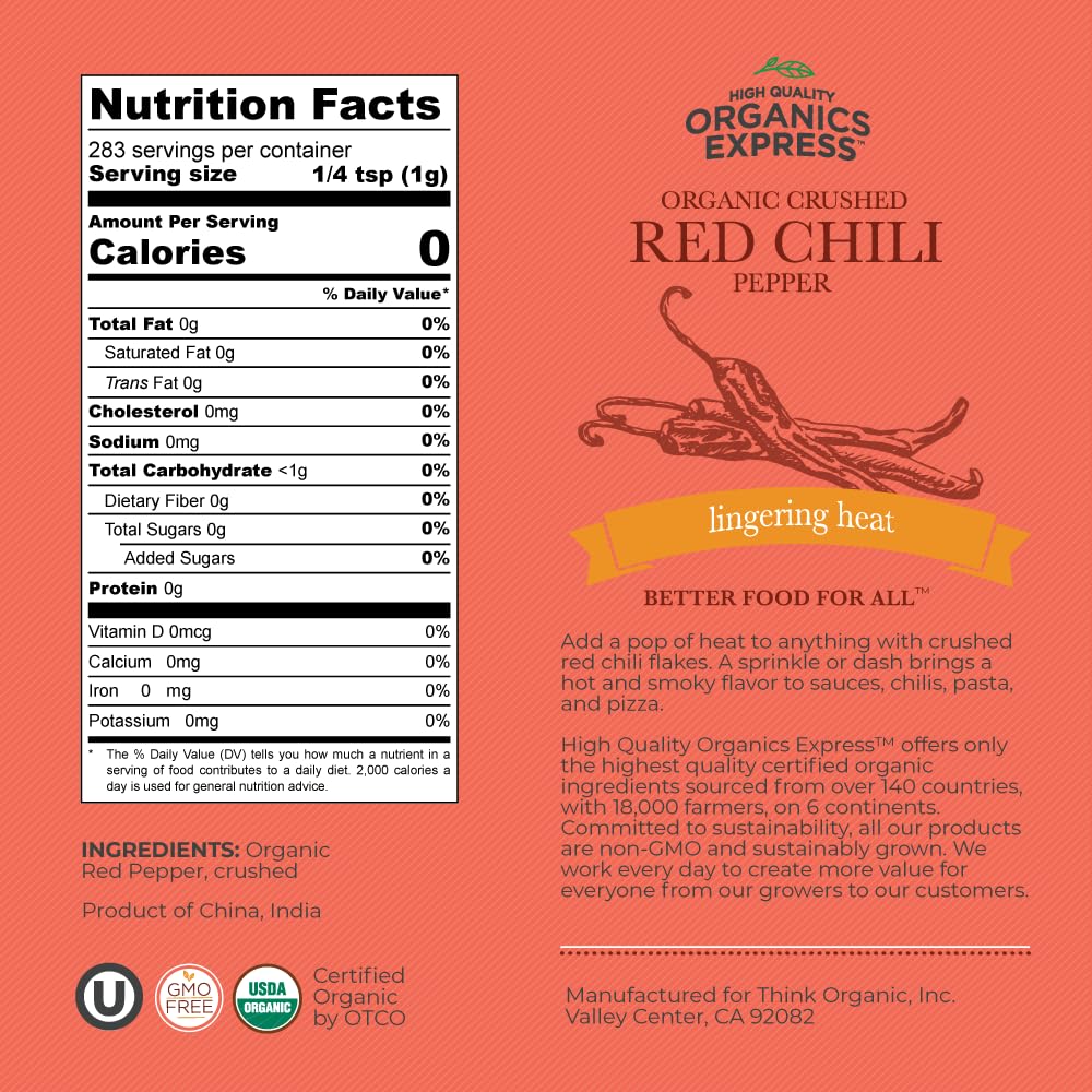 HqO Organic Red Chili Pepper Crushed - Non-GMO, Kosher, 10 oz Chef Jar