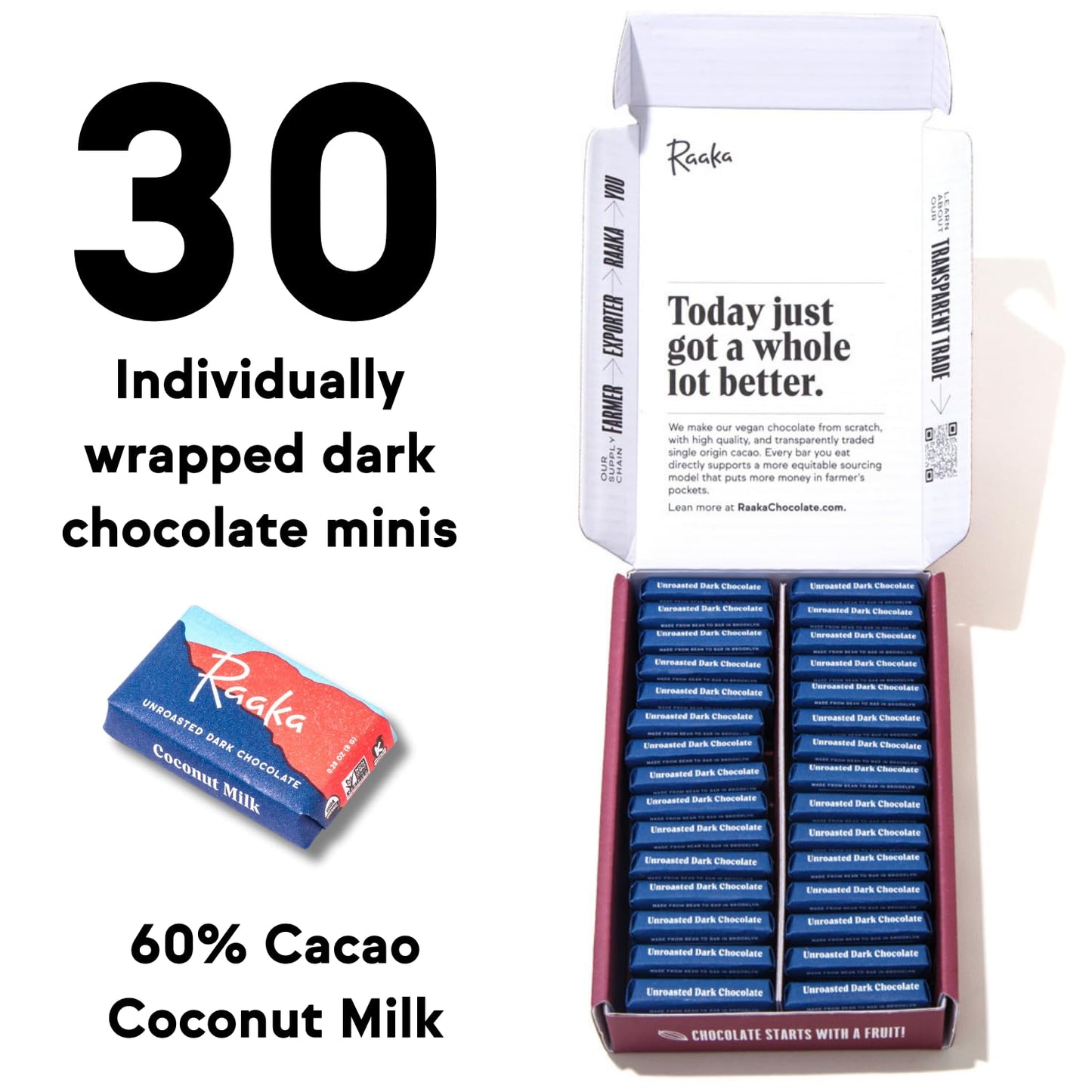 Raaka Coconut Milk Chocolate Gift Box | 60% Cacao Vegan Milk Chocolate | Organic, Vegan, Gluten Free | Box of 30 Individually Wr