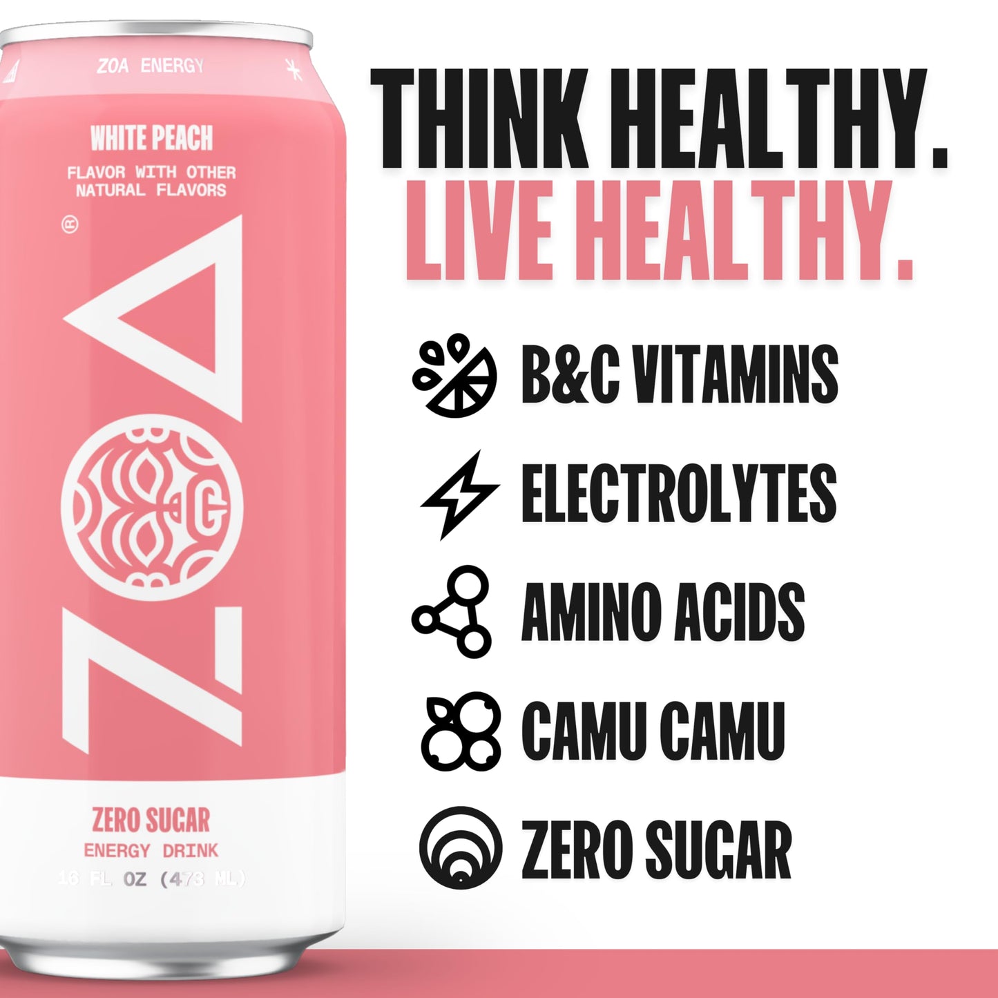 ZOA Zero Sugar Energy Drink - Healthy Formula with Vitamins and Antioxidants - White Peach - 16 Fl Oz (Pack of 12)