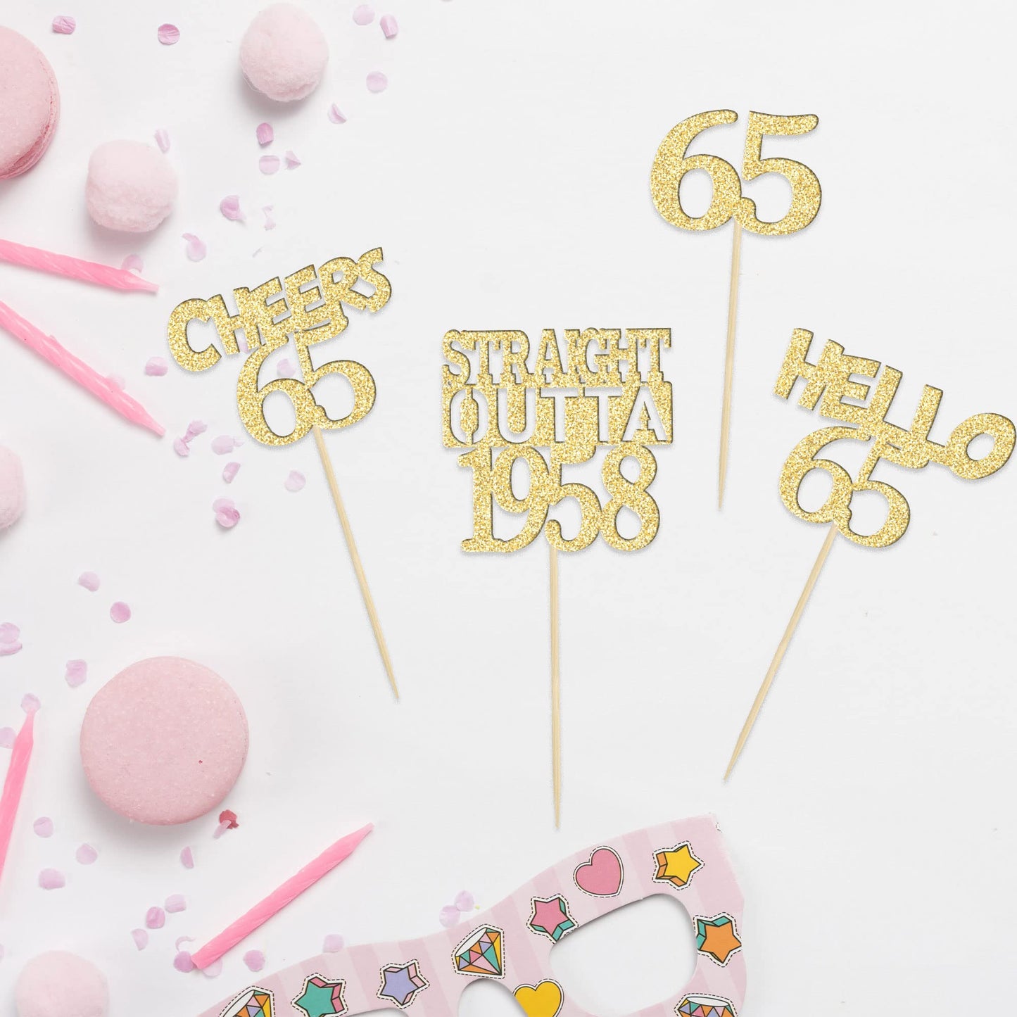Gyufise 24Pcs Happy 65th Cupcake Toppers Glitter Sixty-five Straight Outta 1958 Cupcake Picks Cheers to 65 Years Birthday Cake D