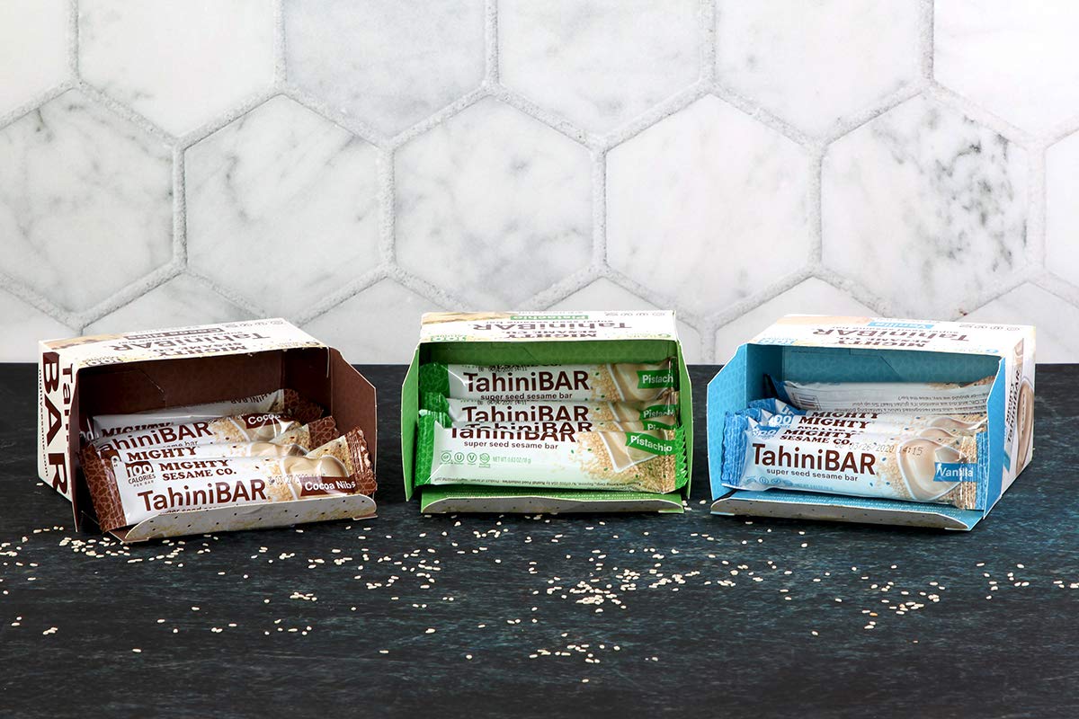 Mighty Sesame Tahinibars, Variety Pack (18 Bars) | 6 Pistachio - 6 Vanilla - 6 Cocoa Nibs | 100 Calorie Mini Halva Bars | Indivi