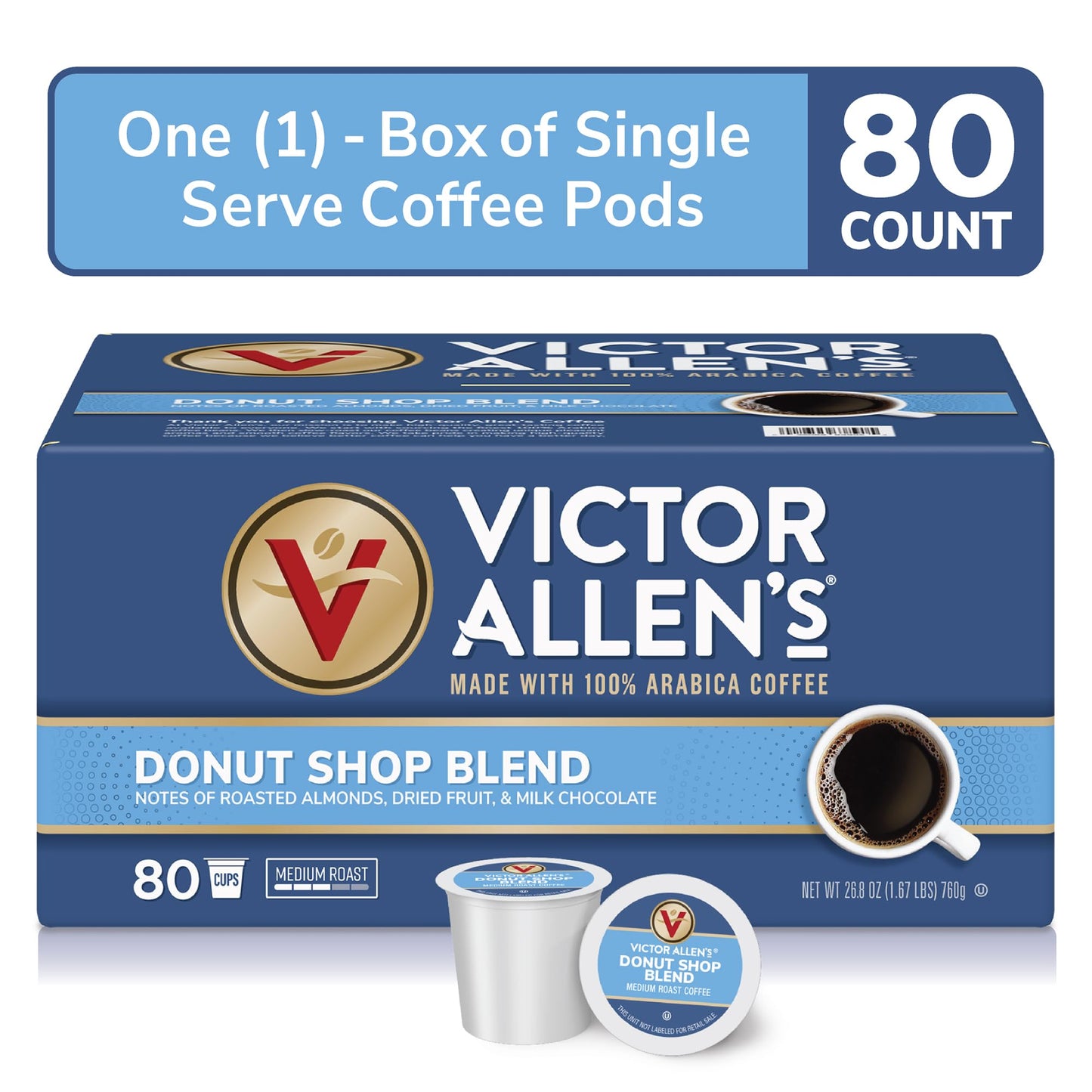 Victor Allens Coffee Donut Shop Blend Medium Roast 80 Count Single Serve Pods for Keurig K-Cup malt-inspired Brown