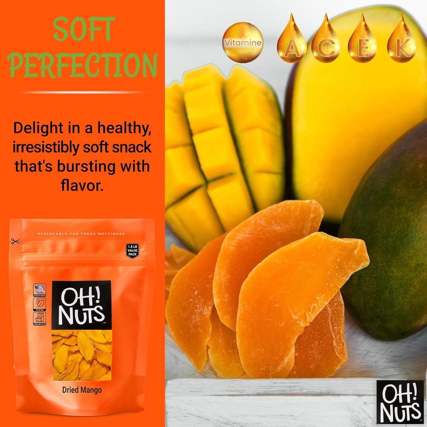 Dried Mango | 12 Oz - Dried Fruit Slices | Less Sugar Added | Dehydrated Fruit Bites | Packed In New York Zip-Seal Bag For Exceptional Freshness By Oh Nuts