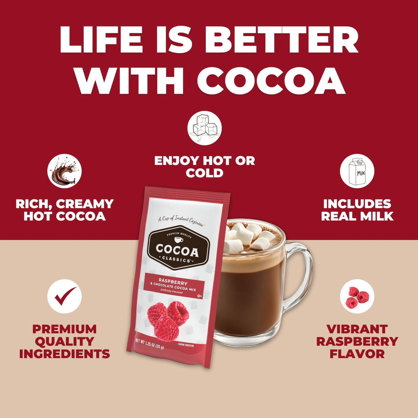 Cocoa Classics Raspberry Cocoa Mix, Hot Chocolate, Made With Nonfat Milk, Just Add Hot Water, Make Hot Or Iced Cocoa, Gluten Fre