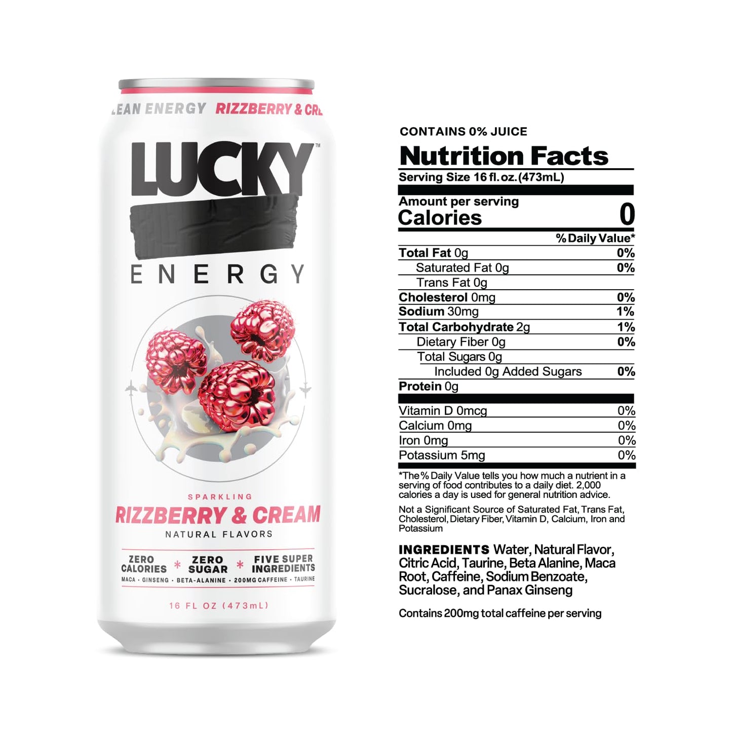 Lucky Energy Sugar Free Energy Drink, 16oz Cans, 12-Pack, Rizzberry and Cream, Zero Sugar, 200mg Caffeine