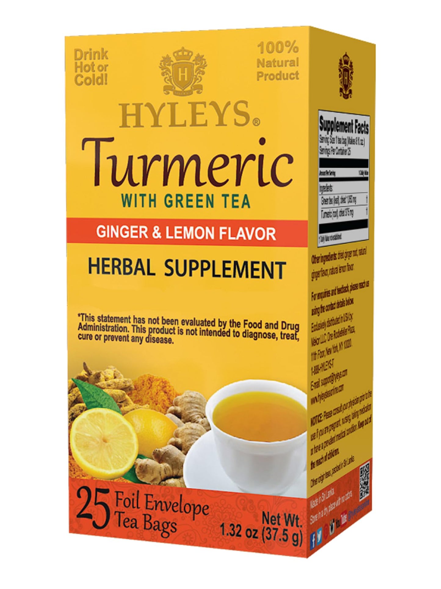 HYLEYS Turmeric Green Tea with Ginger & Lemon - Natural Antioxidant Blend - 25 Count Tea Bags