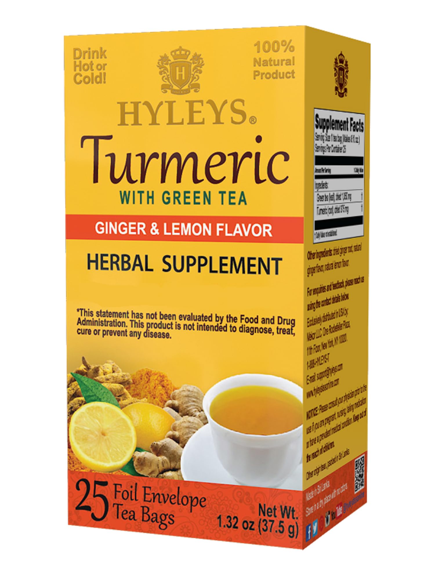 HYLEYS Turmeric Green Tea with Ginger & Lemon - Natural Antioxidant Blend - 25 Count Tea Bags