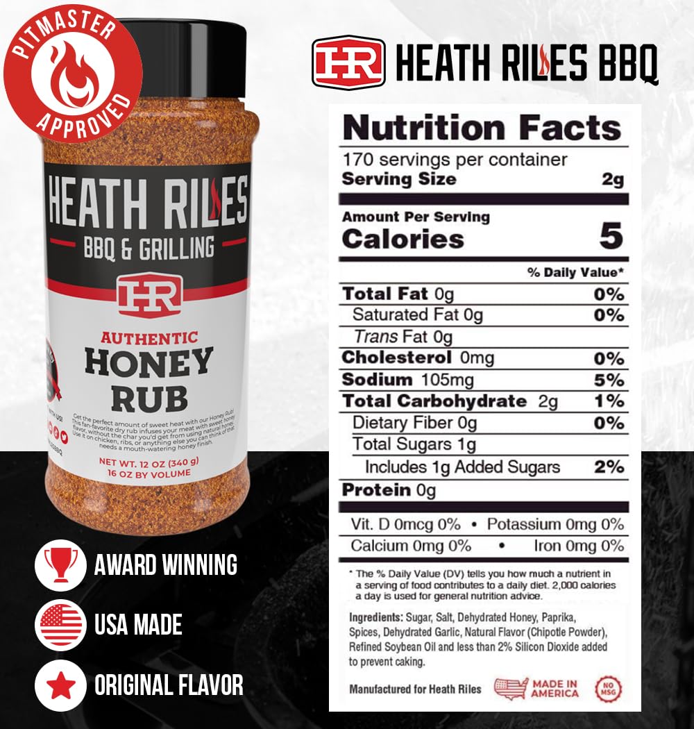 Heath Riles BBQ Rub - Honey Seasoning, Champion Recipe, 12 oz.