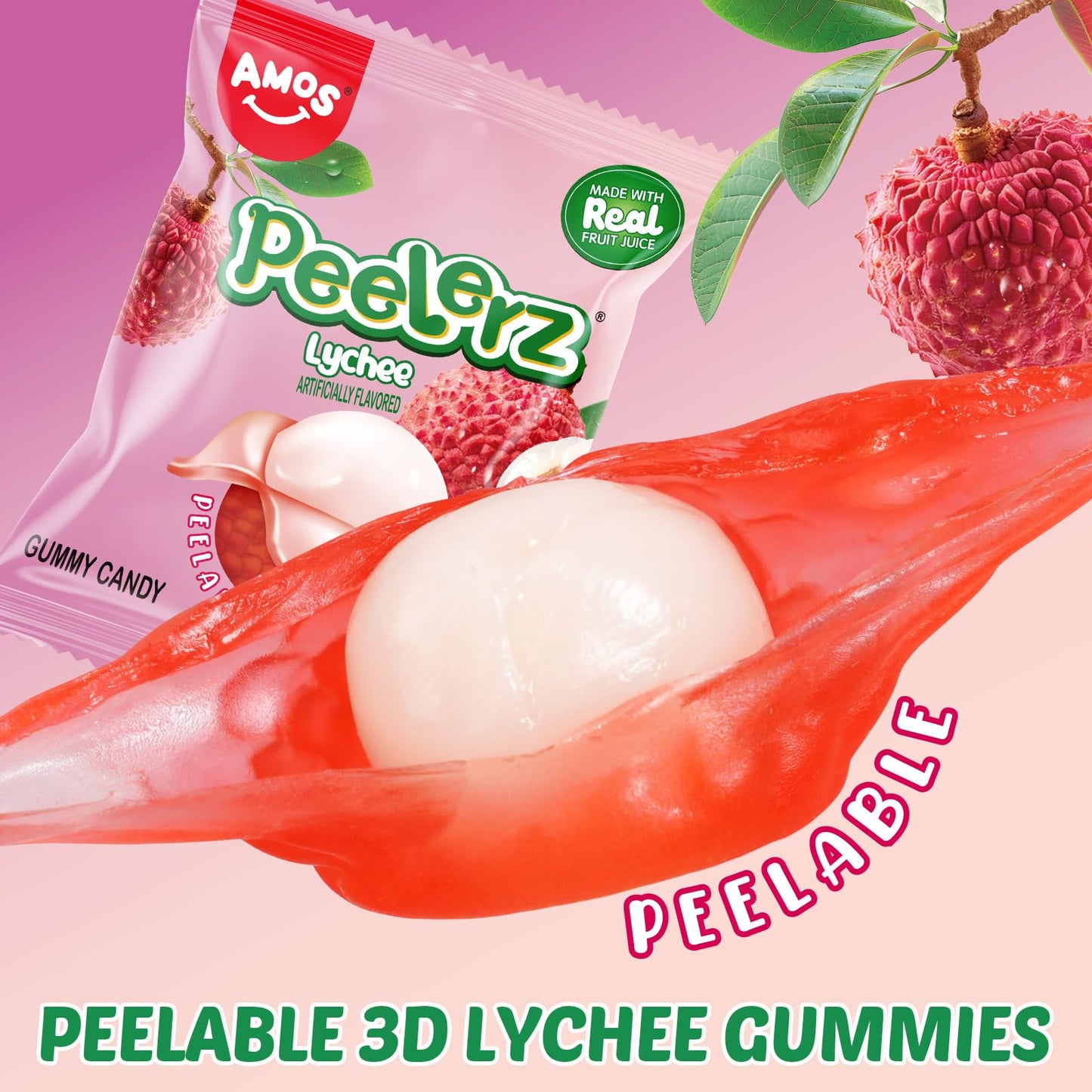 Amos Peelerz Lychee Gummy Candy, Peelable Fruit-Shaped Candy, 8.47Oz Box With 10 Individual Packs - Fun Peeling Gummy Snack Made