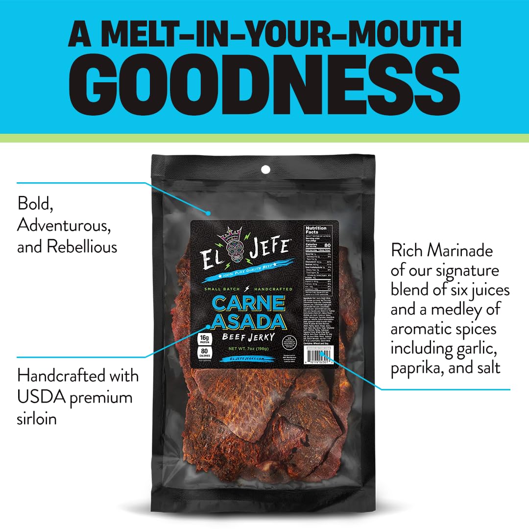 El Jefe Carne Asada 7Oz Beef Jerky - Authentic Mexican Style Slab Jerky Handcrafted In Small Batches For A Bold Hispanic Flavor