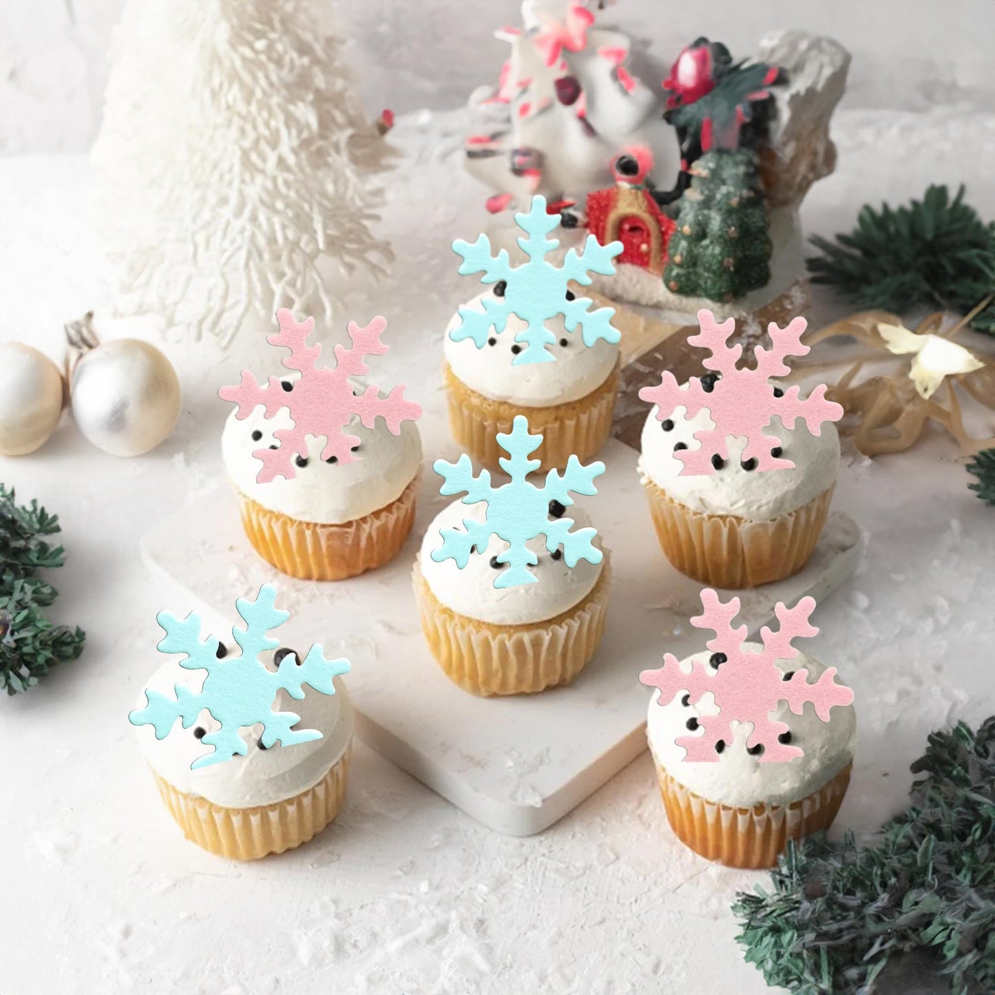 Gyufise Pink Edible Cupcake Toppers, Snowflake Cake Decorations, 1.7 x 1.7, Rice Paper, Christmas Winter Party Supply