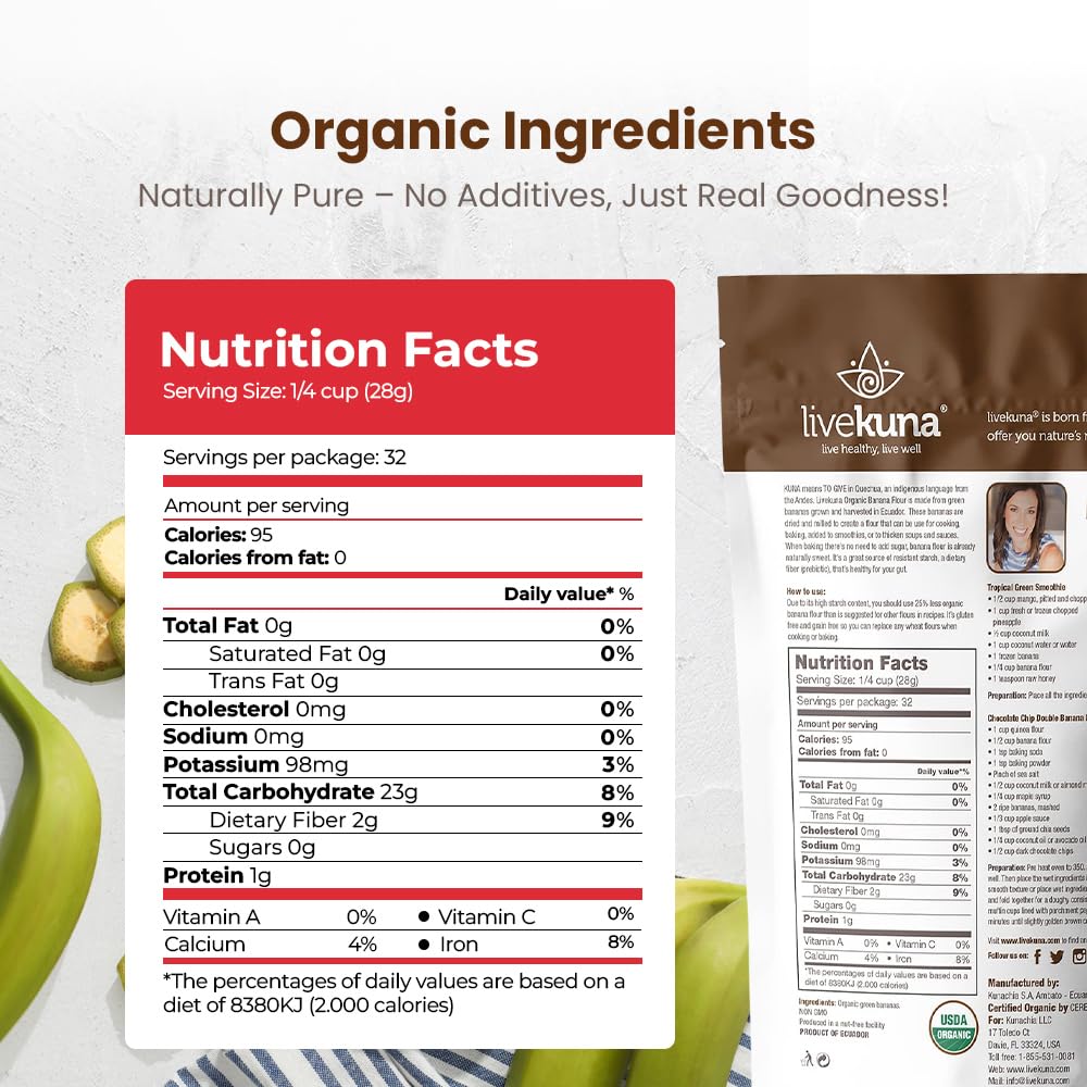 LiveKuna Organic Banana Flour - Gluten-Free & Grain-Free, 32 oz, Non-GMO, All-Purpose Baking Alternative