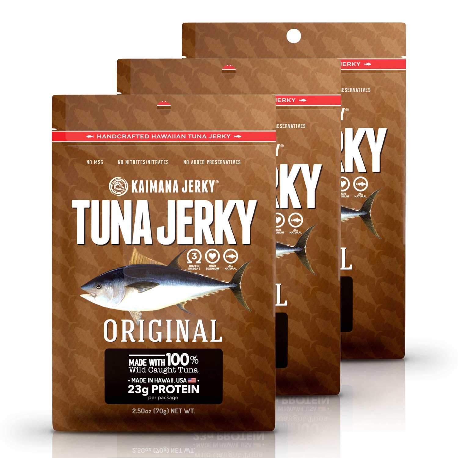 Kaimana Jerky Ahi Tuna Jerky - Original, All-Natural, 3 Pack (2 oz), Rich in Omega-3s, High Protein, Brown