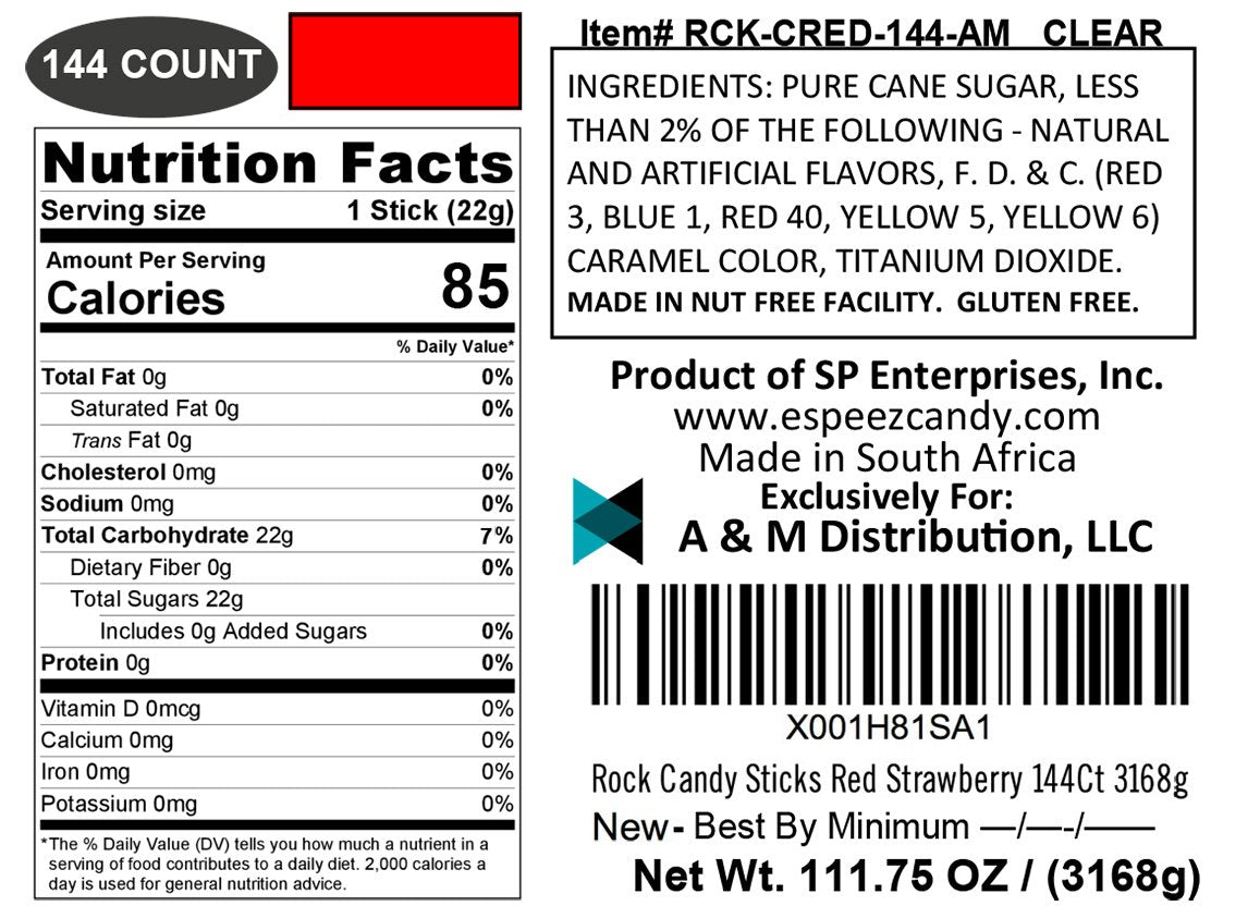 Espeez Extra Large Rock Candy Sticks, 144 Count, Individually Wrapped, Strawberry Flavor, Red
