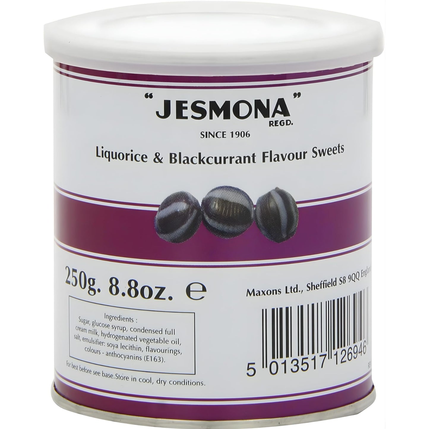 Jesmona Licorice & Blackcurrant Candy | British Hard Boiled Sweets Tin | Traditional Candy From England | Imported From Uk | Classic Gift For Scottish Food Lovers | 8.82 Oz (250G)