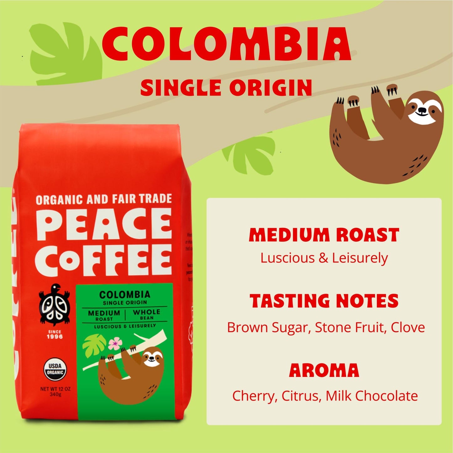 Peace Coffee Colombia Single Origin Coffee | 20 Oz Ground Medium Roast | Organic Fair Trade | Smooth, Crisp Flavor | Shade Grown, Fresh Roasted
