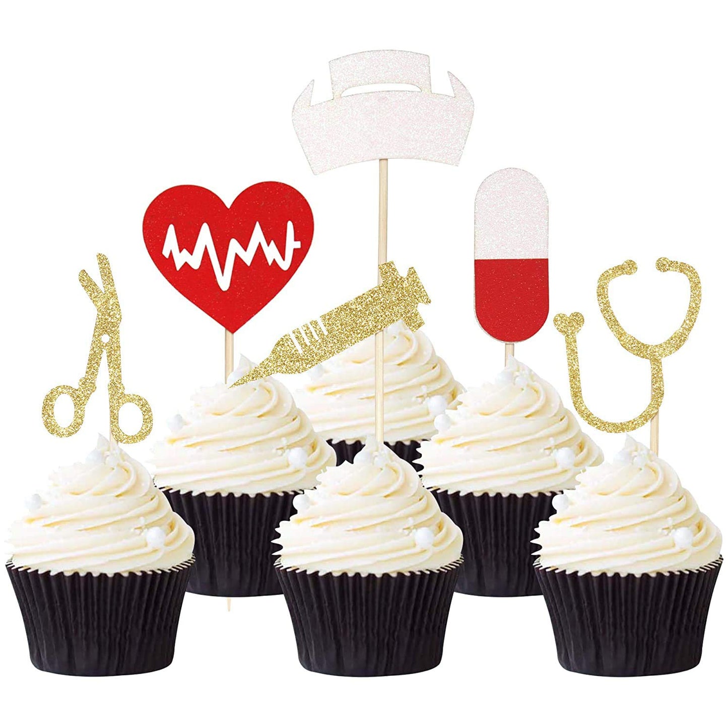 Keaziu 24Pcs Nursing Cupcake Toppers, Glitter Medical Rn Themed Cake Picks, Nurse Graduation Party Decorations Supplies