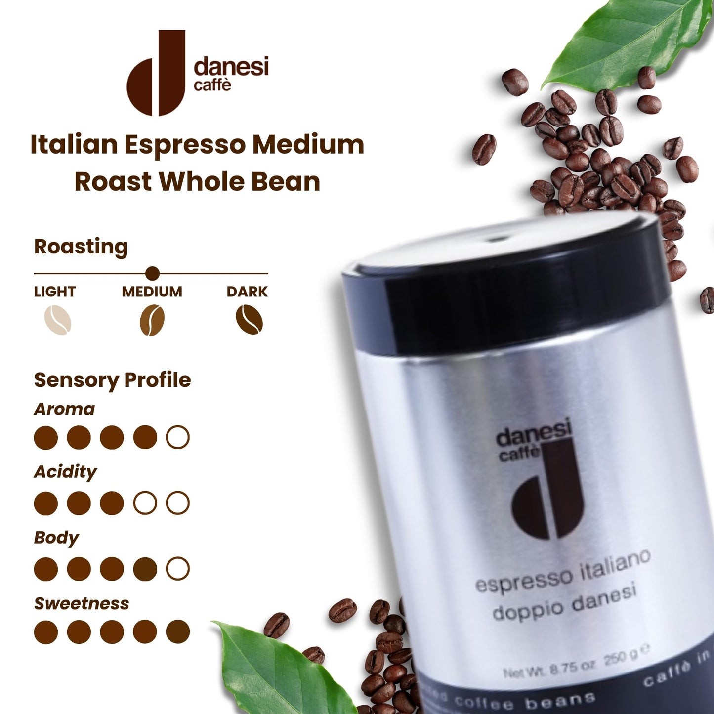 D DANESI CAFFÈ Espresso Coffee Beans - Medium Roast Whole Bean - 8.75oz Tin