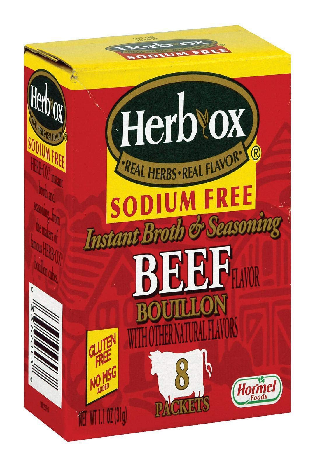 Herb-Ox Bouillon Packets Beef Instant Broth & Seasoning Sodium Free 1.1 Oz Box (Gluten Free)