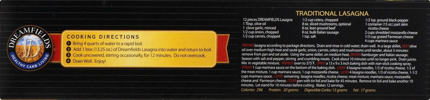 Dreamfields Lasagna, 13.25 OZ - Delicious Low-Carb Pasta, Perfect for Healthy Meals, Gluten-Free Option, 1 Pack