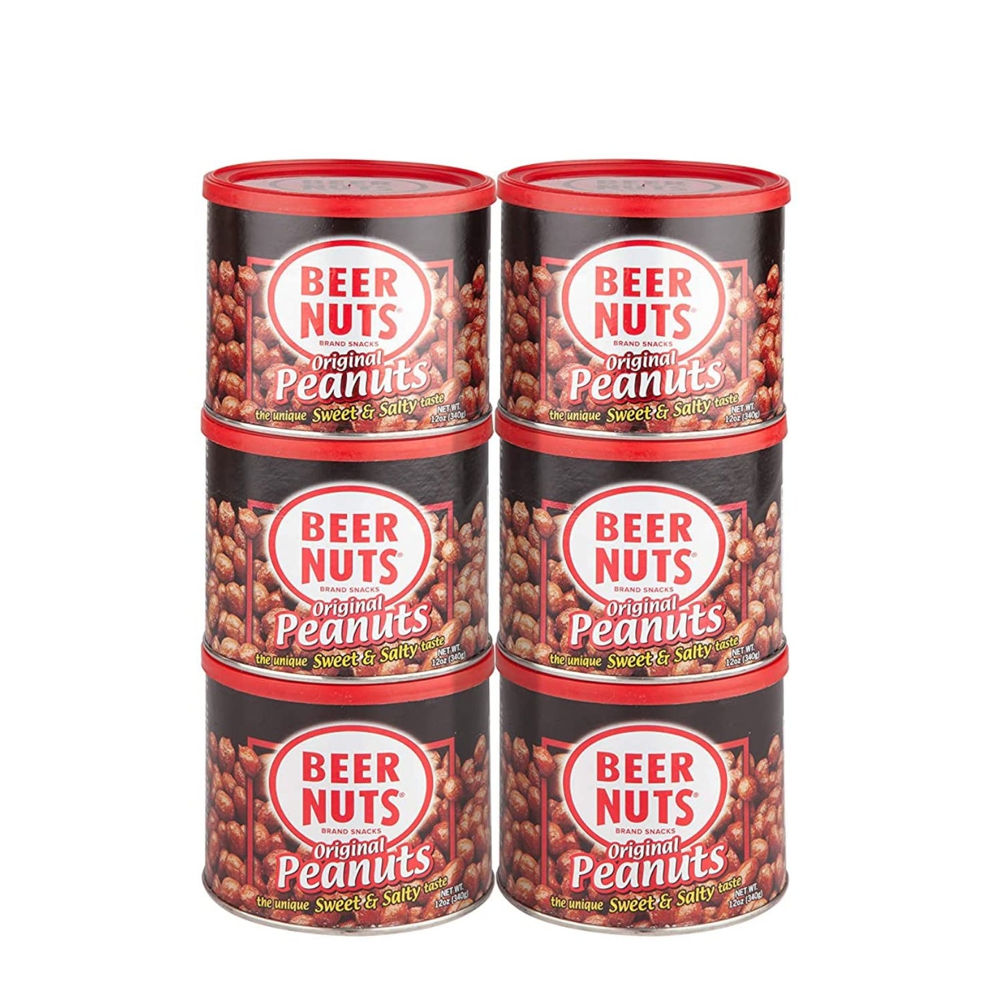 BEER NUTS Original Peanuts - Sweet & Salty Bar Nuts, Gluten Free, Low Sodium, 12oz Resealable Can, Pack of 6