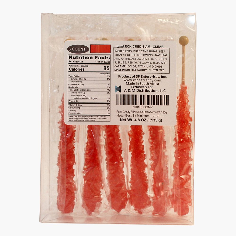 Espeez Extra Large Rock Candy Sticks - 6 Count, Red Strawberry, Individually Wrapped Party Favors