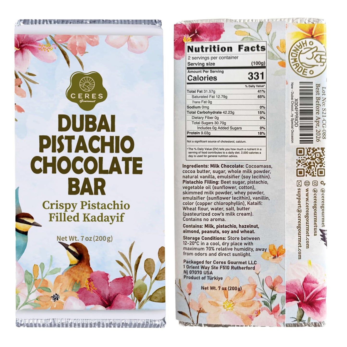 Dubai Chocolate Kunafa Pistachio Bar - 7oz | Handmade Luxury Dessert with Crunchy Kataifi & Creamy Pistachio Filling  Gift for Any Special Occasion