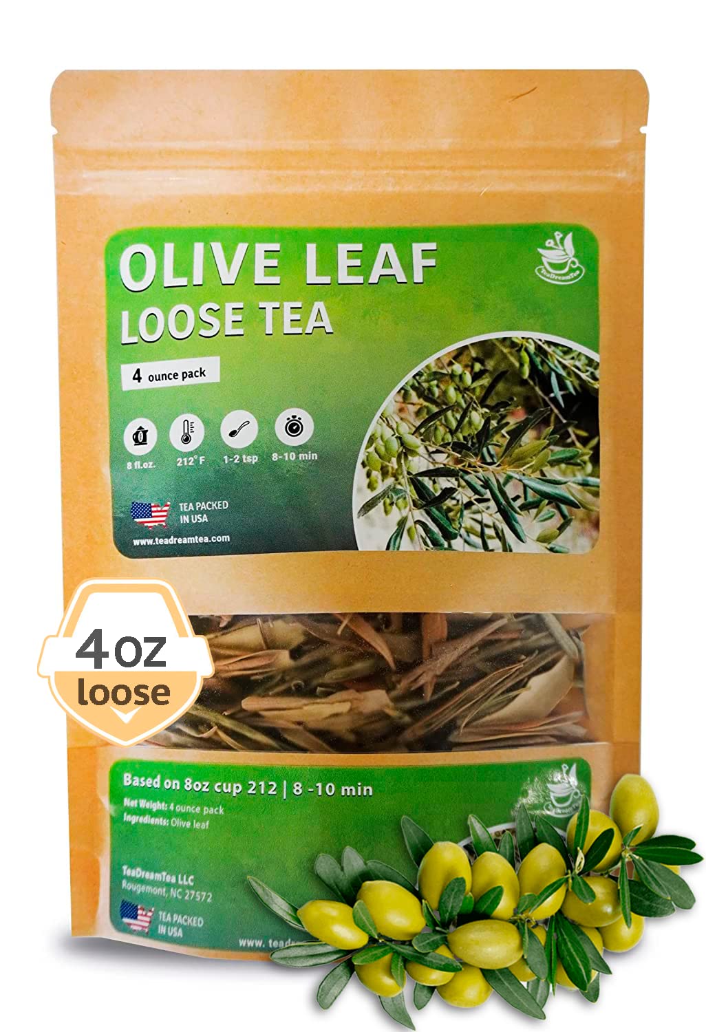 TeaDreamTea Olive Leaf Loose Tea, Premium Herbal Tea, Caffeine-Free, 4oz Size