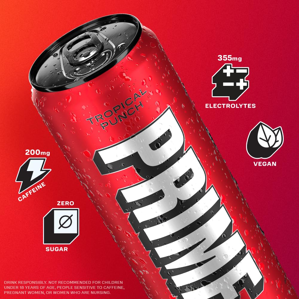 PRIME HYDRATION Energy Drink - Tropical Punch, Vegan, Gluten Free, 12 Fl Oz, 24 Pack, Model DP-ED24TRP