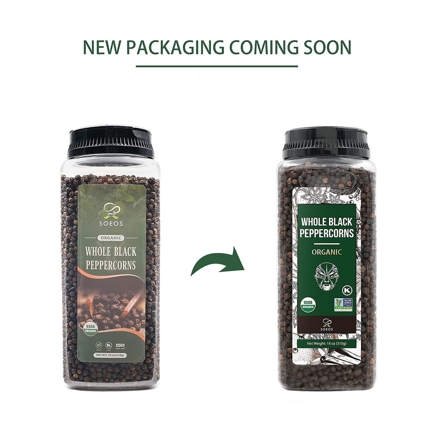 Soeos Organic Black Peppercorns, 18oz (Pack of 1), Non-GMO, Kosher, Packed to Keep Peppers Fresh, Peppercorn for Grinder Refill,