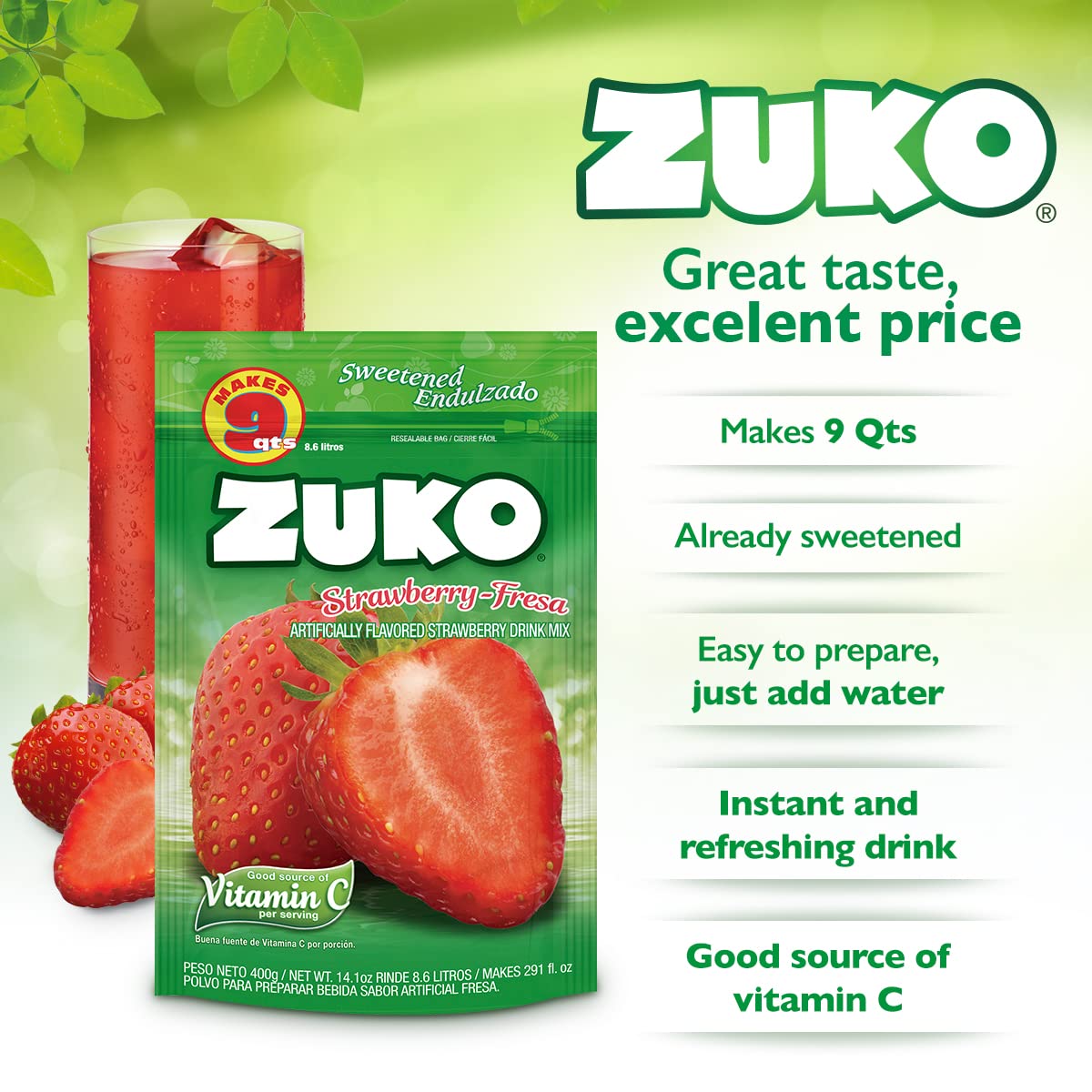 Zuko Strawberry Instant Powder Drink | Family Pack | No Sugar Needed | Vitamin C | 14.1 Ounce (Pack of 2)