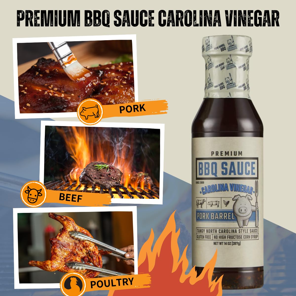 Pork Barrel BBQ Carolina Vinegar BBQ Sauce, Tangy, Gluten-Free, 14 oz - Pack of 2