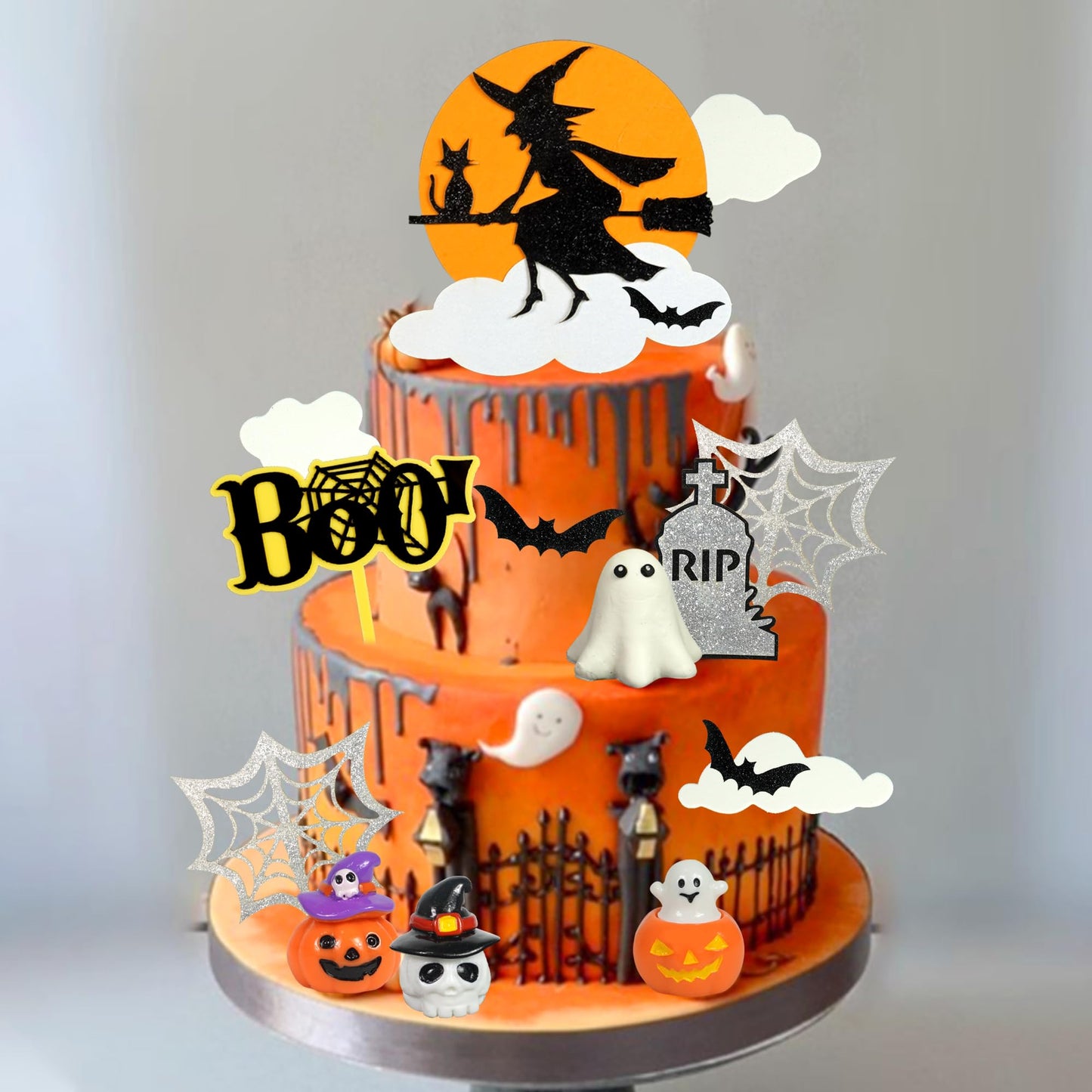 DRWATE Halloween Cake Toppers Set, Pumpkin Ghost Skull Spider Decorations, Orange Black Purple, Paper, for Trick-or-Treat Party Supplies