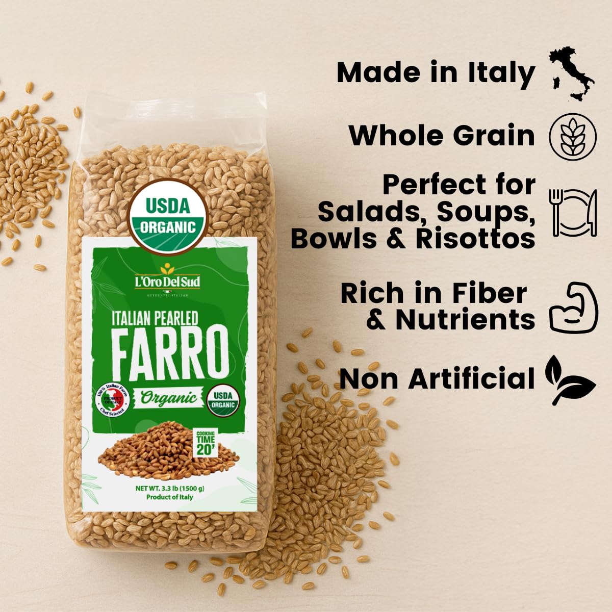 Organic Farro Pearled, 3.3 Lb (52.8 Oz), Italian Farro Perlato, Emmer Wheat, Non-Gmo, Superfood, Bulk, Protein, Fiber Rich, L'Or