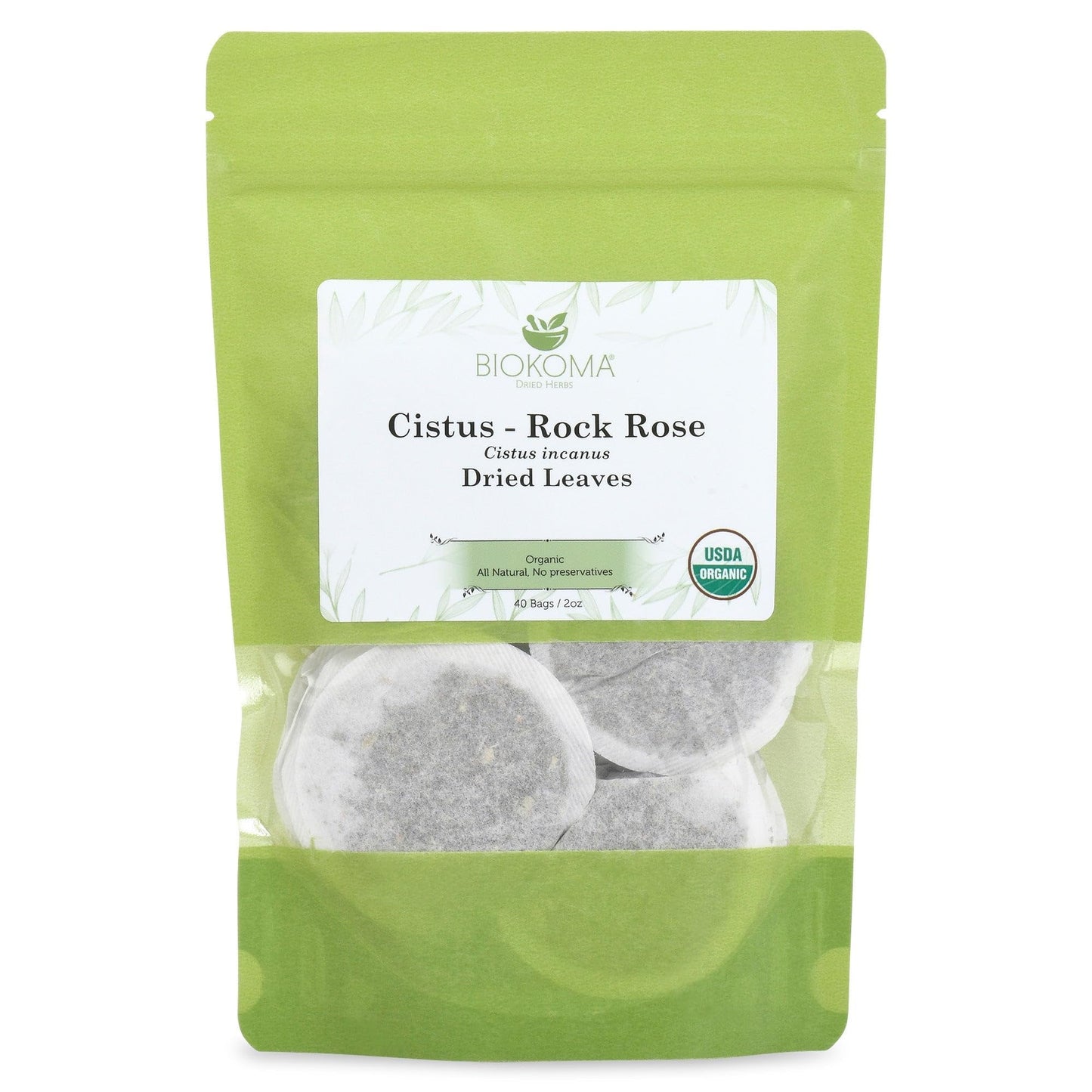 Pure And Organic Biokoma Cistus - Rock Rose (Cistus Incanus) Dried Leaves Tea 40 Bags 2Oz In Resealable Moisture Proof Pouch