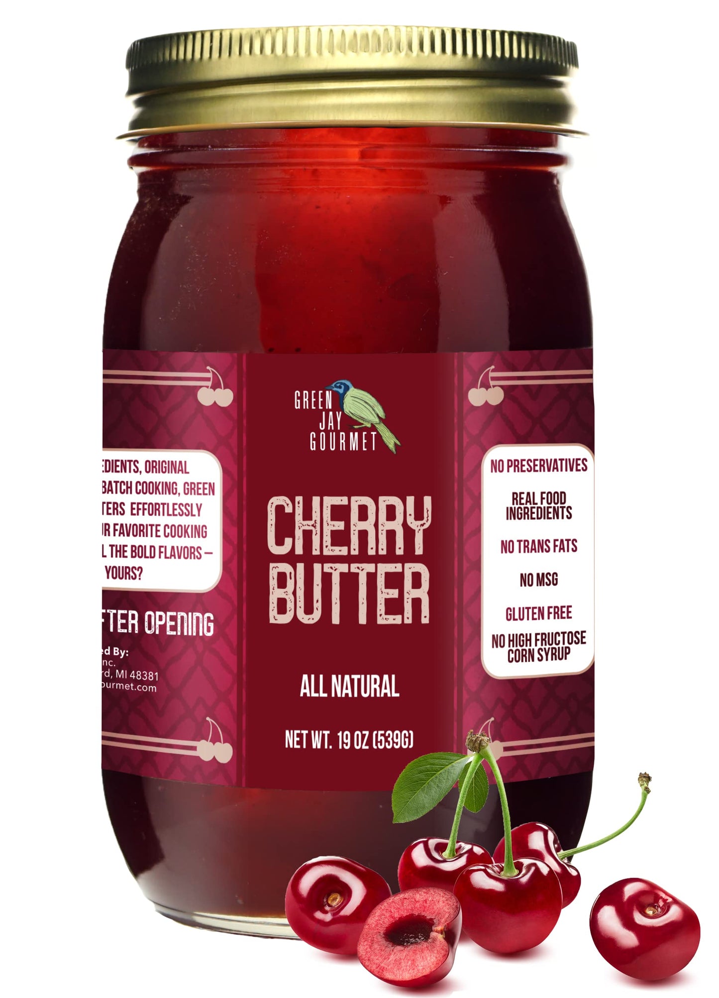 Green Jay Gourmet Cherry Butter - All-Natural, Gluten-Free Fruit Spread - Cherry Spread with Fresh Cherries - Gourmet Fruit Butt