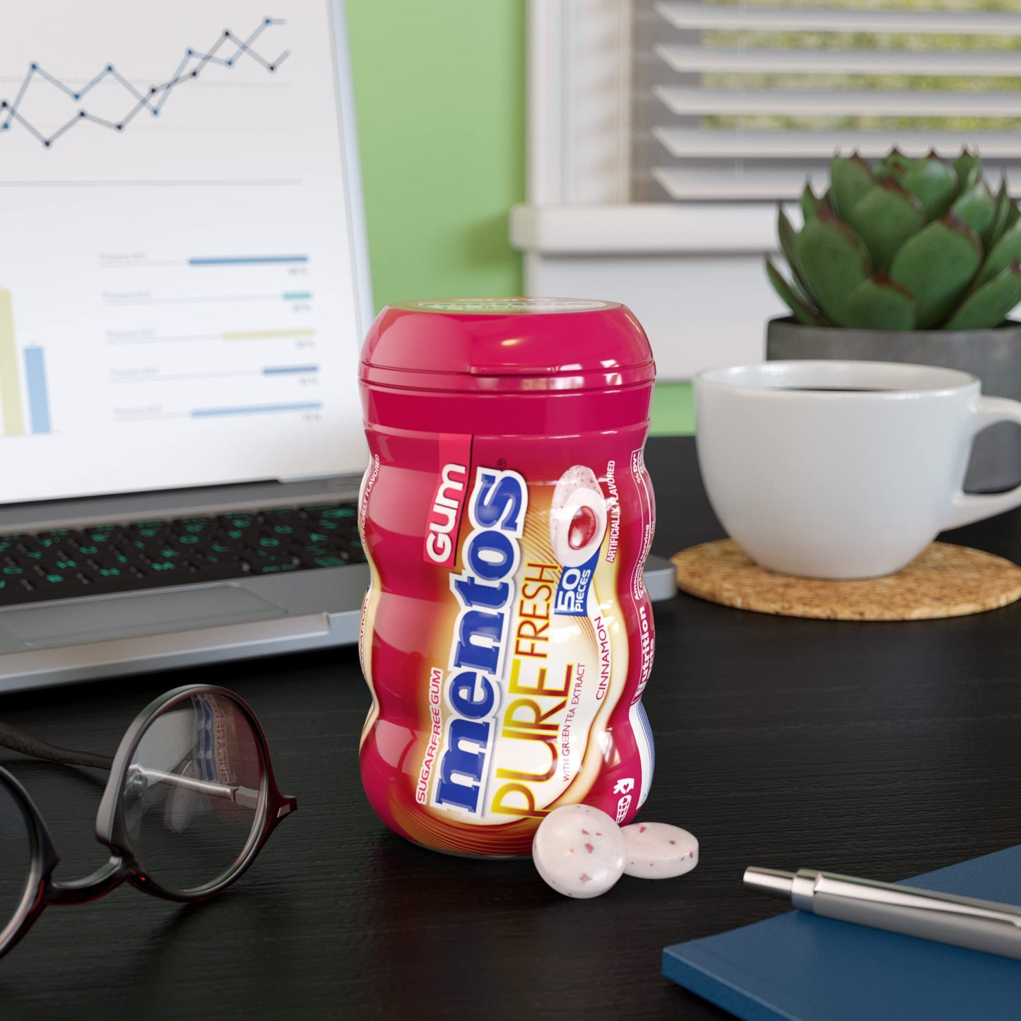Mentos Pure Fresh Sugar-Free Chewing Gum With Xylitol, Cinnamon, Bulk, 50 Piece Bottle (Pack Of 4)