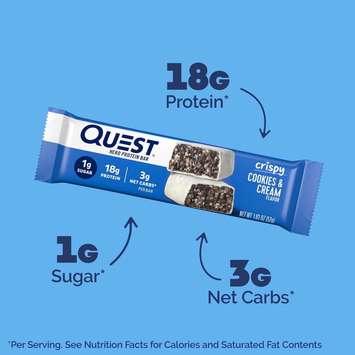Quest Nutrition Crispy Cookies & Cream Hero Protein Bar  18g Protein  1g Sugar  3g Net Carb  Gluten Free  Protein Snack  Keto Friendly  4 Count