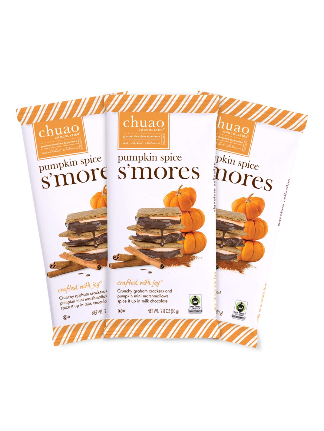 Chuao Chocolatier Pumpkin Spice Smores Gourmet Milk Chocolate Bars | No Preservatives | For Gift Baskets, Birthday, Care Package | 3 Pack