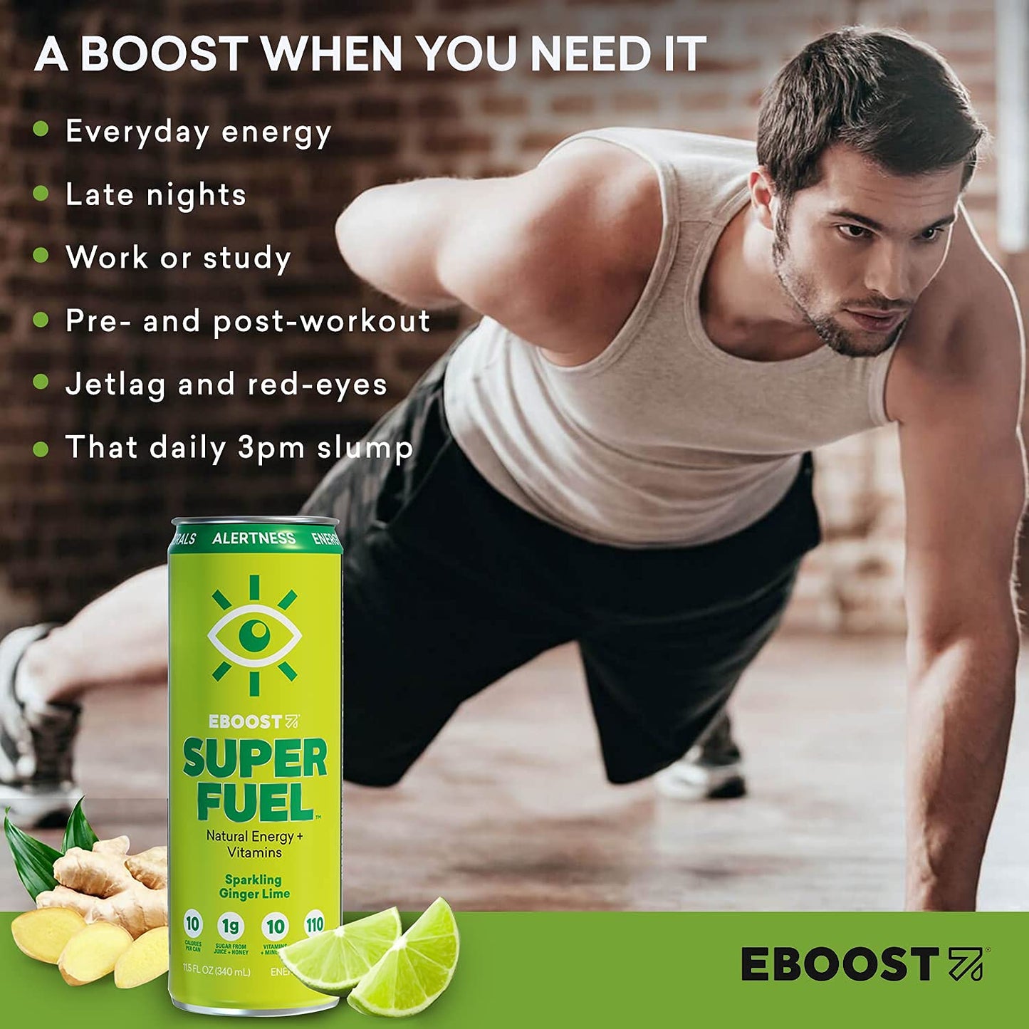 Eboost Super Fuel Healthy Energy Drink - Caffeine From Natural & Clean Ingredients For Focus And Productivity -Taurine Free Pre-Workout With Electrolytes, Nootropic & Vitamins - Ginger Lime, 12 Pack