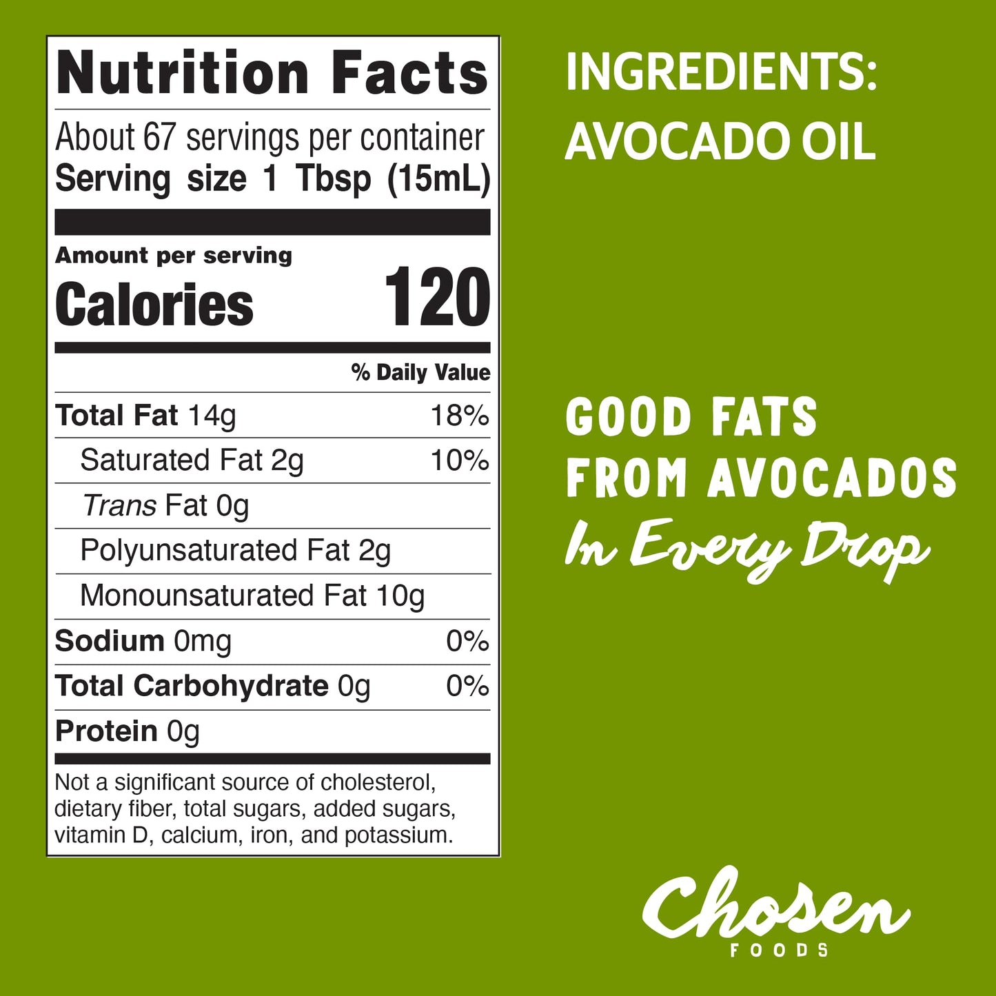 Chosen Foods 100% Pure Avocado Oil, Keto Friendly, High-Heat Cooking, 33.8 Fl Oz, Clear