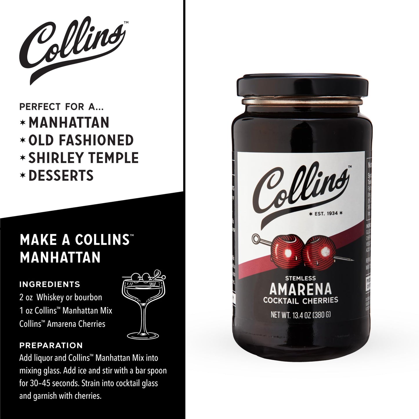 Collins Amarena Cherries in Syrup, 13.5 oz, Premium Garnish for Cocktails, Model 9407