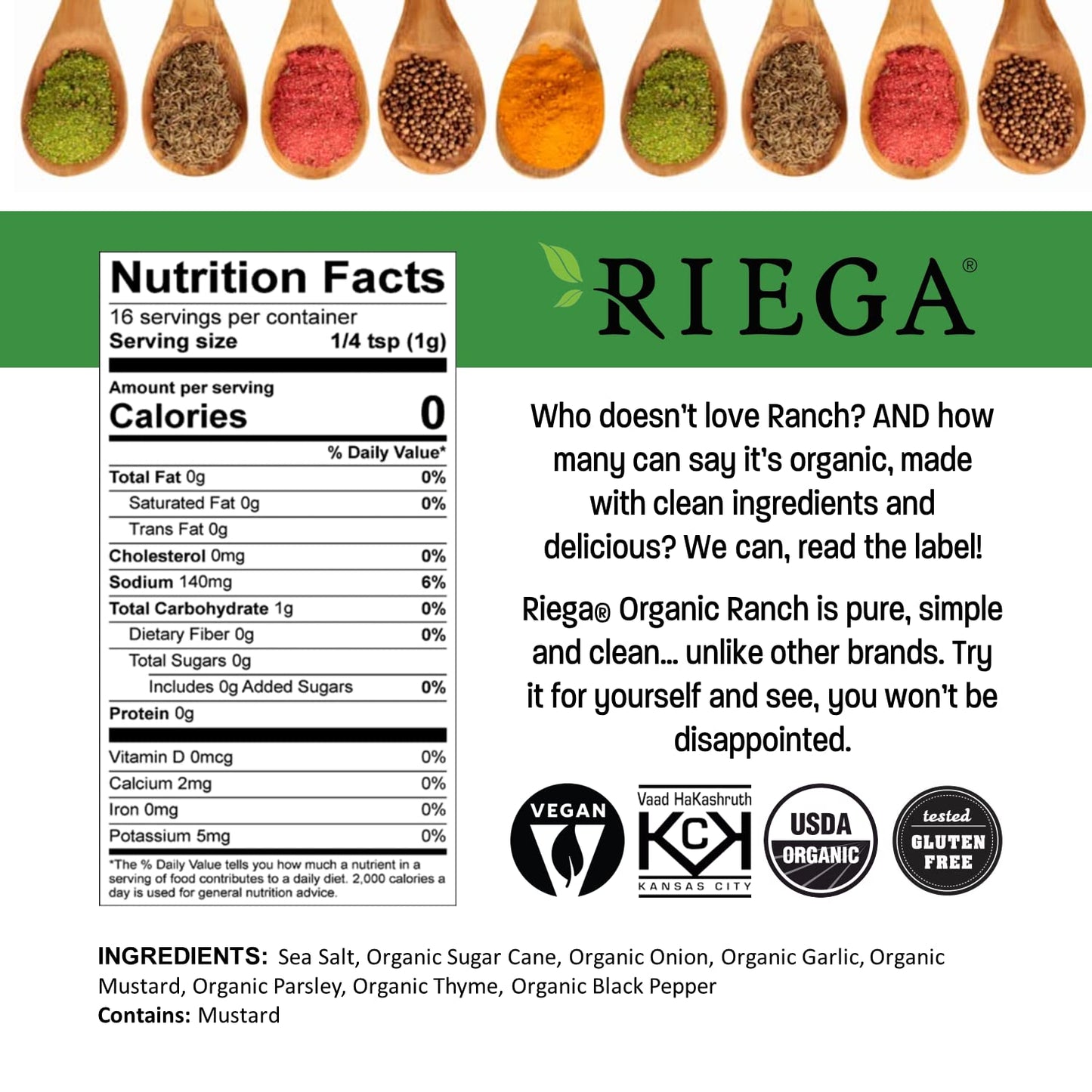 Riega Organic Ranch Dressing Seasoning  Perfect Mix for Ranch Seasoning  Salad Dressing  and Ranch Dip 0.55 Ounce (Pack of 8)