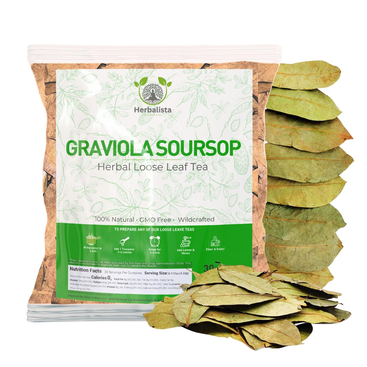 Herbalista - enhanced Whole Dried Graviola Soursop Leaf (4 oz | 350+ Leaves) | 100% Natural Hoja de Guanabana | Fresh  Wildcrafted  and Authentic | Makes 30+ Cups of Delicious Tea