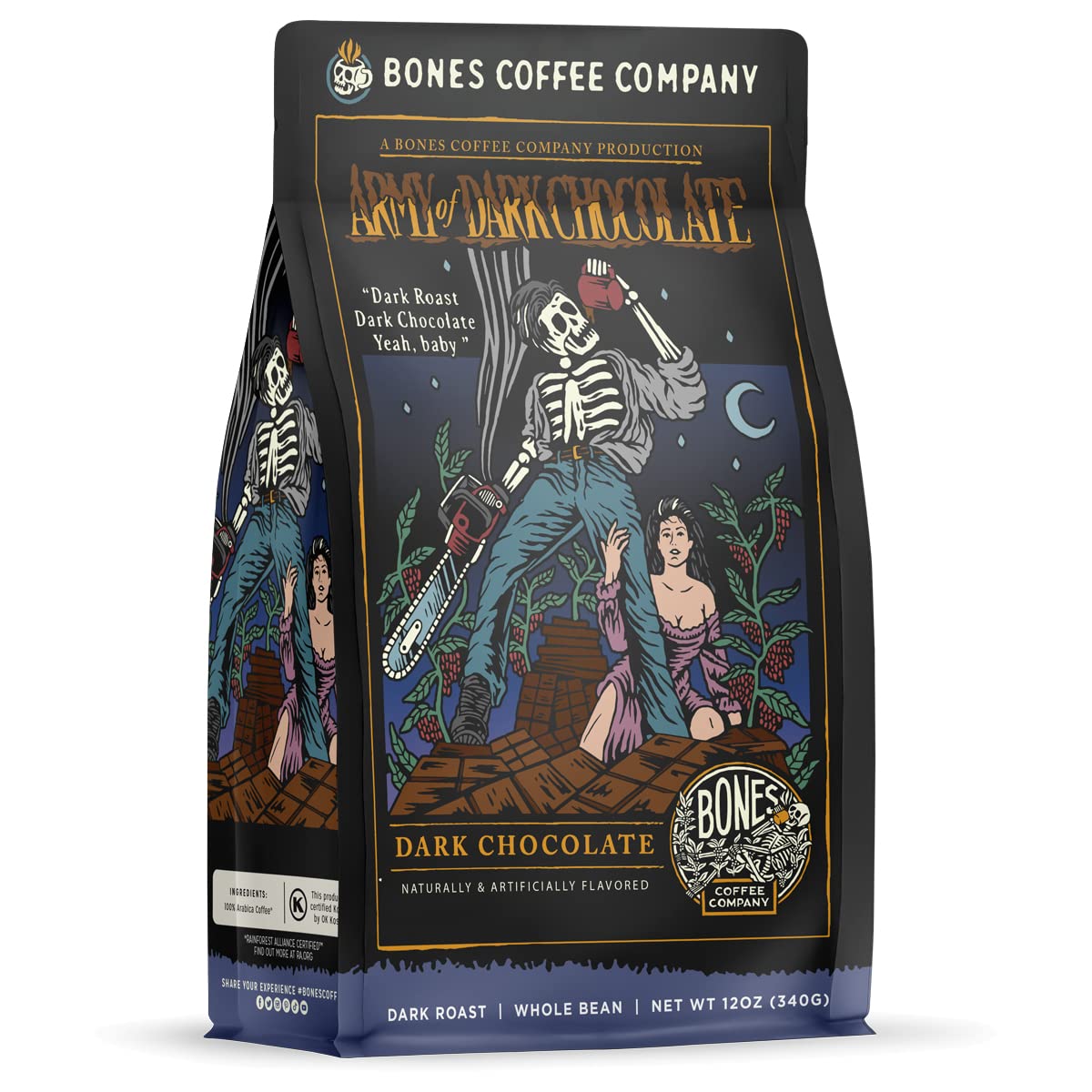 Bones Coffee Company Army Of Dark Chocolate Flavored Whole Coffee Beans | 12 Oz Dark Roast Arabica Low Acid Coffee | Gourmet Coffee Gifts & Beverages (Whole Bean)
