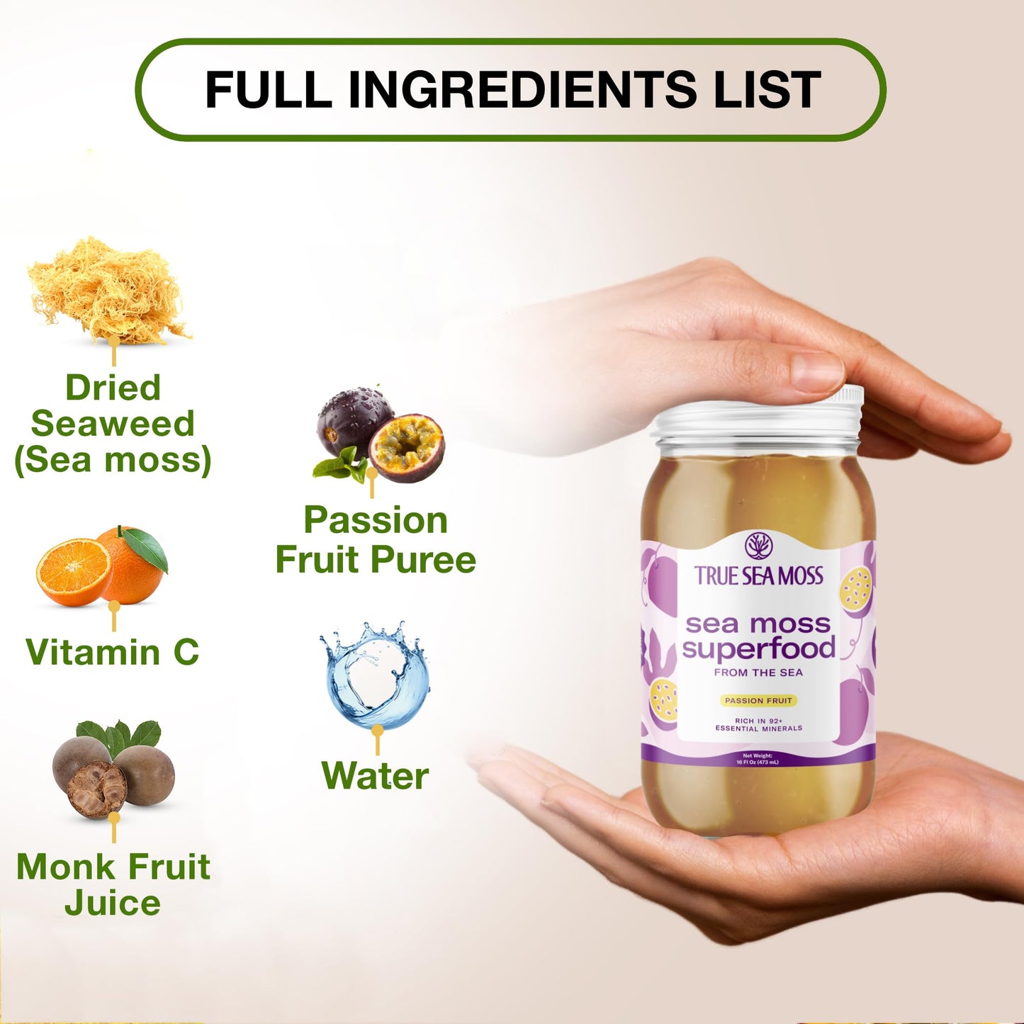 TrueSeaMoss Sea Moss Gel – Wildcrafted, Fresh Fruits & Sea Vegetables – 16 Fl Oz, Passion Fruit
