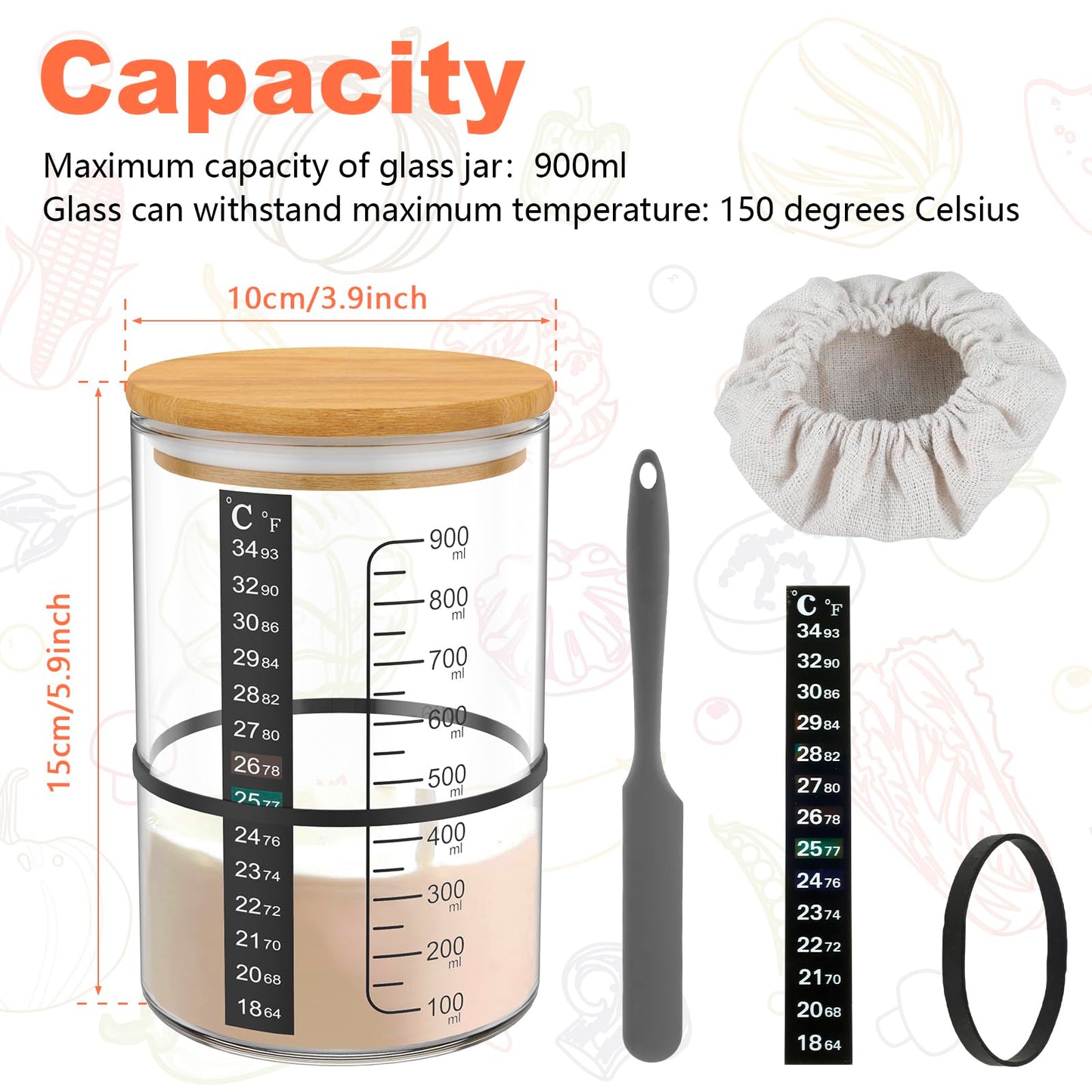 OKYMOTOR Sourdough Bread Starter Kit with 34 oz Jar, Thermometer Strips, and Breathable Covers - Brown
